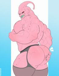 1boy ass back_view bara dragon_ball dragon_ball_z fangs gay hi_res humanoid looking_back majin_buu male male_only muscular muscular_male pink_body pink_skin presenting red_eyes solo solo_focus super_buu tongue tylerstark