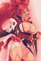 1girls absurdres amputee baiken big_hair black_jacket black_kimono breasts cleavage eyepatch facial_tattoo female guilty_gear guilty_gear_xrd highres jacket jacket_on_shoulders japanese_clothes kataginu katana kimono large_breasts long_hair long_sleeves looking_at_viewer multicolored_clothes multicolored_kimono one-eyed open_clothes open_kimono ponytail red_eyes red_hair samurai scar scar_across_eye spoiledmuffin sword tattoo torn_sleeve weapon white_kimono