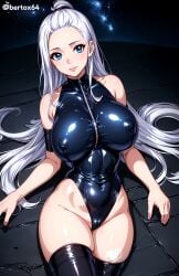 ai_generated bertox64 big_breasts black_latex black_leotard blue_eyes cameltoe fairy_tail leotard mirajane_strauss night nipples_visible_through_clothing seductive_smile silver_hair smile thick_thighs thong_leotard zipper zipper_pull_tab