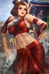 1girls abs action_pose alternate_breast_size arm_sleeves armbands armpits auburn_hair avatar_the_last_airbender bare_shoulders big_breasts blue_eyes clothed clothed_female clothes clothing color colored earthbending female female_focus female_only fighting_stance fit fit_female fully_clothed halter_top hourglass_figure large_breasts lipstick long_hair messy_hair midriff neoartcore nickelodeon nonbender shoulder_length_hair sideboob solo solo_female solo_focus suki sweat tight_clothing topknot village wide_hips