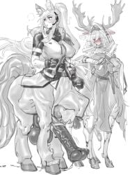 2futas animal_ears animal_genitalia arknights balls big_breasts bottomless breasts centaur centauress clothed clothing duo erection futa_only futanari greyscale hitobashira_(1746164306) horsecock huge_balls huge_cock humanoid long_hair nearl_(arknights) partially_clothed penis size_difference standing victim_alice viviana_(arknights)