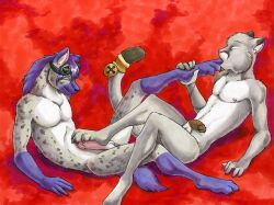 2boys anthro ayame_emaya bell calorath canid canine claws closed_eyes cougar duo eyes_closed felid feline foot_fetish foot_on_penis foot_play footjob furry gay googles hyena interspecies male male/male male_focus male_only penis preyfar toe_claws toe_in_mouth yaoi