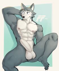 abs anthro balls beastars canid canine canis claws erection feet foreskin fur genitals grey_body grey_fur hand_behind_head hi_res humanoid_genitalia humanoid_penis jrjresq legoshi_(beastars) male male_only mammal muscular muscular_anthro muscular_male nipples pecs penis smile solo toe_claws wolf