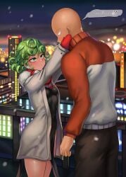 1boy 1girls ? blush breasts coat curly_hair fair6805 green_eyes green_hair looking_up_at_partner mittens older_female one-punch_man rkrk12 saitama scarf small_breasts tatsumaki wholesome