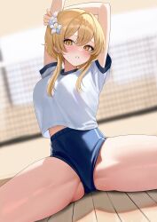 1girls bare_thighs blonde_hair blush breasts buruma female female_only genshin_impact groin gym_uniform lumine_(genshin_impact) ryu_o solo spread_legs stretching thick_thighs thighs volleyball volleyball_net volleyball_uniform white_shirt yellow_eyes