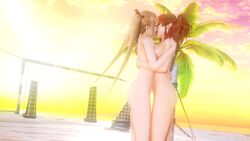 2girls 3d areolae ass beach blonde_hair blue_eyes breasts closed_eyes dead_or_alive dead_or_alive_5 dead_or_alive_xtreme_venus_vacation female female_only french_kiss green_eyes hair_ribbon horns kanna_(dead_or_alive) kiss kissing long_hair marie_(artist) marie_rose nude palm_tree petite red_hair small_breasts sunset symmetrical_docking twintails volleyball_net yuri