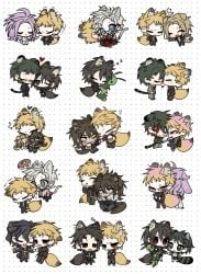 6+boys :3 ^_^ animal_ears animalization atou_haruki back-to-back bag black_coat black_eyes black_hair black_jacket black_pants blonde_hair blood blood_on_clothes blood_on_face blue_eyes blush_stickers boots bound brown_hair brown_jacket brown_sweater canine cannibalism cat_boy cat_ears cat_tail chibi chibi_only chinese_commentary closed_eyes closed_mouth coat commentary_request crossed_arms disembowelment dog_boy dog_ears dog_tail doughnut drunk floating flying_sweatdrops food fox_boy fox_ears fox_tail fruit glasses goat_boy goat_horns goat_tail gold_trim grapes green_hair green_jacket green_scarf grey_hair grey_jacket grey_pants grey_shirt guro harada_minoru hatsutori_hajime heart highres holding holding_bag holding_food holding_fruit holding_hands holding_removed_eyewear holding_stuffed_toy horns isoi_haruki isoi_reiji isoi_reiji_(rei-kun) jacket kanou_aogu kemonomimi_mode kissing long_hair long_sleeves lop_rabbit_ears male_focus medium_hair multicolored_hair multiple_boys nuobeiyhengaoxingrenshini nuzzle oerba_yun_fang one_eye_closed open_clothes open_coat open_jacket open_mouth orange_bag otowa_rui_(saibou_shinkyoku) pants parted_bangs pink_hair purple_coat purple_shirt rabbit_boy rabbit_ears rabbit_tail raccoon_boy raccoon_ears raccoon_tail rectangular_eyewear red_eyes red_shirt ribbed_sweater saibou_shinkyoku sanpaku scarf semi-rimless_eyewear shinano_eiji shirt short_hair sitting sleeping sleeves_past_fingers sleeves_past_wrists smile spoilers sprout_on_head stole stuffed_toy sweat sweater tail tied_up_(nonsexual) two-tone_hair u_u unworn_eyewear utsugi_noriyuki white_background yaoi zzz