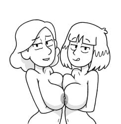 big_breasts blagzdeath breasts breasts_squeezed_together hilda_(series) johanna_(hilda) kaisa_(hilda) monochrome naked naked_female netflix white_background