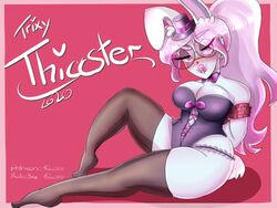 arms_behind_back big_breasts blue_eyes bondage corset glasses hat large_breasts piercing piercings pink_hair ponytail rope stockings thiccster thiccster_bunny thighs tied_up trixie_bunny