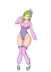 :o belly_button_visible_through_clothing bored_expression bubble_ass bubble_butt eden_crest green_hair hair_ornament kainkout long_hair pink_eyes shiny_skin small_breasts