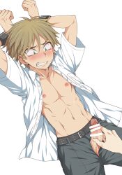 abs bulge censored erection gakuran kanbayashi_takaki male_focus multiple_boys muscular muscular_male original penis penises_touching school_uniform simple_background skinny uniform white_background yaoi young