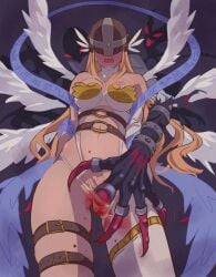 2girls angel_wings angewomon asymmetrical_clothes blonde_hair blood breasts claws clothing_cutout colored_skin commentary_request covered_eyes demon_girl digimon fingering futa_yuri_ryona grey_skin head_wings highres ladydevimon leg_belt long_hair medium_breasts multiple_girls o-ring revealing_clothes ribbon ryona stomach_cutout wings