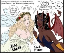 2girls bb_(baalbuddy) blonde_hair bracelet celtic_mythology cleavage colored dark-skinned_female demon demon_girl demon_tail dialogue dungeons_and_dragons edit european_mythology eyeshadow fairy fantasy female_only flower_crown green_eyes hair_ornament horns inviting inviting_to_sex light-skinned_female lipstick long_dress middle_finger monster monster_girl mythology no_sex oc original pointy_ears ponytail princess public_domain queen red_eyes red_lipstick succubus tail text tongue tongue_out wings