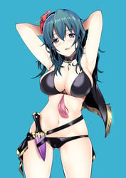 1girls armpits arms_behind_head arms_up bikini black_bikini black_swimsuit blue_eyes blue_hair blush byleth_(fire_emblem) byleth_(fire_emblem)_(female) byleth_(summer)_(fire_emblem)_(female) cape daive female fire_emblem fire_emblem:_three_houses fire_emblem_heroes flower flower_in_hair knife large_breasts long_hair looking_at_viewer nintendo open_mouth red_flower sideboob solo swimsuit teal_hair