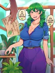 1girls big_breasts breasts busty caroline_(stardew_valley) cleavage clothed diforland english_text female fully_clothed green_eyes green_hair hips horny horny_female huge_breasts imminent_cheating large_breasts letter light-skinned_female light_skin milf pov pussy_mark pussy_print seducing seductive stardew_valley text wedding_ring wide_hips