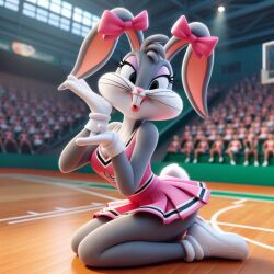 ai_generated anthro basketball_court bimbofication bow bugs_bunny cheerleader cheerleader_uniform feminization looney_tunes on_knees rule_63 space_jam