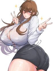 1girls ass big_ass big_breasts big_butt blue_eyes breasts brown_hair busty curvaceous curvy curvy_body curvy_female curvy_figure double_v female huge_ass huge_breasts large_breasts minori_(user_eket5233) original original_character peace_sign voluptuous