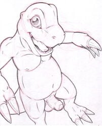 1boy agumon anthro balls claws digimon digimon_(species) dinosaur genitals happy humanoid_genitalia humanoid_penis male male_only marc_leonhardt monochrome nipples open_mouth penis reptile scalie sharp_teeth smile solo teeth toe_claws