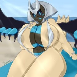 1girls anthro armor beach blue_eyes breasts dannyiac female giratina giratina_(altered_form) pokémon_(species) pokemon shiny_pokemon sling_bikini sweat vanilla_(dannyiac)