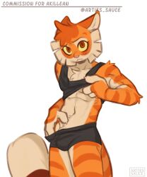 1boy abs anthro arties_sauce_(artist) blush blushing briefs bulge calvin_mcmurray claws commission feline freckle_mcmurray furry lackadaisy lifting looking_at_viewer male male_only nervous orange_eyes orange_fur stripes tabby_cat tail tank_top tank_top_lift underwear undressing