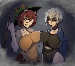 2girls animal_ears big_breasts breasts brown_eyes brown_hair cigarette clothed_female genderswap_(mtf) glasses grin hat light-skinned_female mamizou_futatsuiwa nipple_bulge orange_eyes ranchsaucy rinnosuke_morichika round_glasses rule_63 smoking tanuki teeth thighs touhou