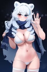 arknights bikini breasts curly_hair ett heterochromia looking_at_viewer rosa_(arknights) scarf waving_at_viewer white_hair