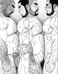 2boys abs bara beard beard_stubble blush chest_hair completely_nude couple excessive_pubic_hair eye_contact facial_hair from_side full-face_blush full_beard greyscale hairy hand_hair huge_eyebrows jiraiya_(artist) jiraiya_(mangaka) knuckle_hair large_pectorals looking_at_another male_focus male_pubic_hair mature_male monochrome multiple_boys muscular muscular_male navel navel_hair nipple_hair nipples nude original pectoral_docking pectoral_press pectorals profile pubic_hair shy thick_arm_hair thick_eyebrows thick_leg_hair thick_thighs thighs uncensored v-shaped_eyebrows very_hairy yaoi