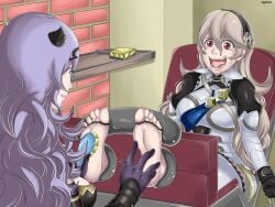 2girls aggelioss bondage brush camilla_(fire_emblem) corrin_(fire_emblem) crying crying_laughing crying_with_eyes_open drooling feet femdom femsub fire_emblem foot_fetish gloves hands_tied laughing multiple_girls stocks tickle_torture tickling tickling_feet toes_tied