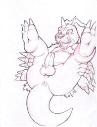 animal_skin anthro ass balls claws digimon digimon_(species) eyelashes feet fingers gabumon genitals horn humanoid_genitalia humanoid_penis male male_only marc_leonhardt paws penis reptile scalie sharp_teeth solo teeth toe_claws toes tongue