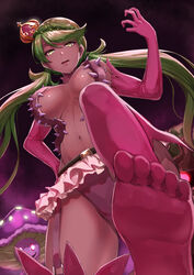 1girls ambiguous_gender belt breasts dark-skinned_female dark_skin feet femdom gloves green_eyes green_hair jojobirdz legwear long_hair looking_at_viewer looking_down mallow_(pokemon) miniskirt nintendo pokemon pokemon_(cosplay) pokemon_sm thick_thighs thighs tsareena_(cosplay) twintails