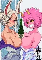 2girls alcohol asian_clothing bare_shoulders between_breasts black_eyes black_sclera blush boku_no_hero_academia bottle breasts bunny_ears bunny_girl drink duo female female_only hair_bun horns kimono looking_at_viewer mina_ashido miruko my_hero_academia partially_clothed pink_body pink_hair pink_skin red_eyes rumi_usagiyama scarlet_bear short_hair superheroine twitter_link white_hair yellow_eyes