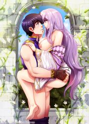 1boy 1girls bare_legs barefoot bottomless breasts breasts_out caress caressing_face female fingerless_gloves fire_emblem fire_emblem:_genealogy_of_the_holy_war gloves grey_eyes hmage julia_(crusader_of_light)_(fire_emblem) julia_(fire_emblem) large_breasts legs long_hair long_sleeves looking_at_another male male_and_female_focus nintendo nipples outdoors penis pink_eyes pink_hair purple_hair scathach_(fire_emblem) sex short_hair smile stand_and_carry_position straight testicles vaginal_penetration very_long_hair wall wholesome wide_sleeves