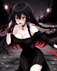 ai_generated black_hair demon demon_girl female night original_character red_eyes running_away scared scared_expression street_lights