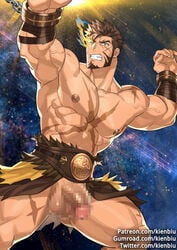 1boy abs bara brown_hair censored chest facial_hair fighting_stance flaccid goatee heracles_(tokyo_afterschool_summoners) kienbiu male male_focus male_only manly mosaic_censoring muscle nipples pectorals penis revealing_clothes shirtless short_hair sideburns solo testicles thick_thighs thighs tokyo_afterschool_summoners tokyo_houkago_summoners upper_body