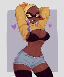 2023 artkett1412 bra breasts brown_body brown_skin cleavage fangs female female_focus female_only frye_(splatoon) gray_background grey_background heart nintendo purple_hair shirt shirt_lift short_shorts shorts splatoon squid_girl thick_thighs thighhighs thighs white_background yellow_eyes yellow_hair