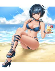 atlus beach big_breasts bikini black_nails blush bob_cut brown_eyes burnt_green_tea crossed_legs drink eyelashes feet female female_focus female_only heels high_heels holding_object looking_at_viewer nail_polish no_socks open_toe_shoes persona persona_5 short_hair sitting smile solo solo_female solo_focus swimsuit tae_takemi toes tsurime