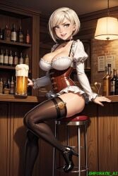 1girls ai_generated barmaid beer big_breasts blonde_female blonde_hair blonde_hair_female blue_eyes cleavage female female_focus female_only hi_res light-skinned_female light_skin looking_at_viewer maid maid_uniform original self_upload short_hair smile smiling smporate_ai solo_female solo_focus stable_diffusion thick thick_thighs thigh_highs thighhighs thighs