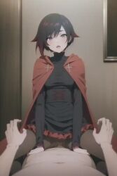 ai_generated black_hair black_pantyhose cowgirl_position female gradient_hair on_top pov ruby_rose rwby sex