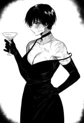 1girls big_breasts breasts burn_marks burn_scar burns busty choker cleavage clothed collar drink glasses holding_drink holding_glass huge_breasts jujutsu_kaisen large_breasts masoq095 monochrome mostly_clothed scar scars scars_all_over short_hair shounen_jump tomboy very_short_hair wine wine_glass zenin_maki