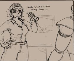 1girl 1girls animatronic big_breasts bloobie_(artist) boobs breasts cap comic comic_page doodle female five_nights_at_freddy's five_nights_at_freddy's:_security_breach flashlight girl glamrock_freddy_(fnaf) hand_on_hip hat holding holding_flashlight holding_object imminent_sex jeans milf no_bra no_panties ponytail question security_guard security_hat security_uniform shirt sweat text vanessa_(fnaf) white_girl work work_uniform working workplace worried worried_expression