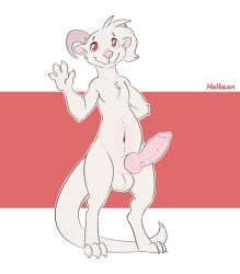 anthro balls domestic_ferret fur geary genitals gesture hair halbean hi_res horn hybrid knot male male_only mammal mustelid musteline nervous_smile penis pink_horn pink_nose red_eyes simple_background solo tail true_musteline weasel