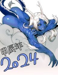 1girls 2024 ass blue_skin claws horns long_hair minew monster_girl muscular_female on_front pointy_ears tail white_hair yellow_sclera