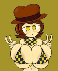 1girls 2d areolae_slip big_breasts blush bra breasts brown_hair clover_(undertale_yellow) clover_female_(undertale_yellow) female female_only hat huge_breasts light-skinned_female nipple_bulge peace_sign rule_63 solo undertale undertale_(series) undertale_yellow vile_eyes yellow) yellow)cowboy_hat yellow_background yellow_eyes