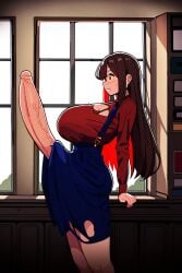 1futa ai_generated blacklight9699 blush breast_expansion brown_hair erection erection_under_skirt futanari futanarization high_waisted_skirt huge_breasts hyper_penis indoors leaning leaning_back leaning_on_hand long_hair long_penis long_sleeves looking_at_own_penis looking_at_penis novelai penis_expansion skirt skirt_lift solo standing staring staring_at_penis straight_hair suspenders sweatdrop torn_clothes window windowsill