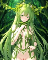 ai_generated blush blushing_at_viewer female female_focus female_only forest forest_background green_eyes green_hair looking_at_viewer original_character spring trees vines