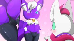 16:9 2_tails 4k absurd_res anthro ass big_butt blood blue_eyes bodily_fluids bulge close-up clothing collar duo felid female fur glistening glistening_body green_eyes hair heterochromia hi_res legwear male mammal meowstic multi_tail nintendo nosebleed pokémon_(species) pokemon purple_body purple_eyes purple_fur rubber satiro smile smirk straight stripper thigh_highs video_games white_hair widescreen winick-lim