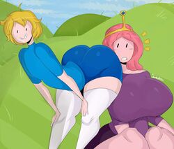 1boy 1girls adventure_time big_ass breasts bubble_butt cartoon_network detnox femboy finn_the_human girly high_socks huge_ass hyper_breasts large_ass looking_at_ass presenting princess_bubblegum shiny_clothes socks thick_ass thick_thighs