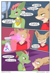 anthro aphrodisiac clothed clothing comic duo english_text felid fur green_body green_skin hi_res lizard male male/male mammal mind_control potion red_eyes reptile ryoku scalie text url yellow_body yellow_eyes yellow_fur