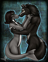 anthro anthro_on_anthro black_fur breasts brown_hair canine claws dolphin female fluffy fluffy_tail fur green_eyes grey_body hair interspecies linsey_huish love male marine penis romantic romantic_couple sidian simple_background smile straight two_tone_body two_tone_fur white_body white_fur wolf yellow_eyes