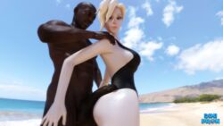 3d ass beach big_penis bikini blender blonde_hair blue_eyes clothed_female_nude_male clouds dark-skinned_male daz3d daz_studio dimipron interracial mercy outdoors outside overwatch pale-skinned_female penis_on_ass sky